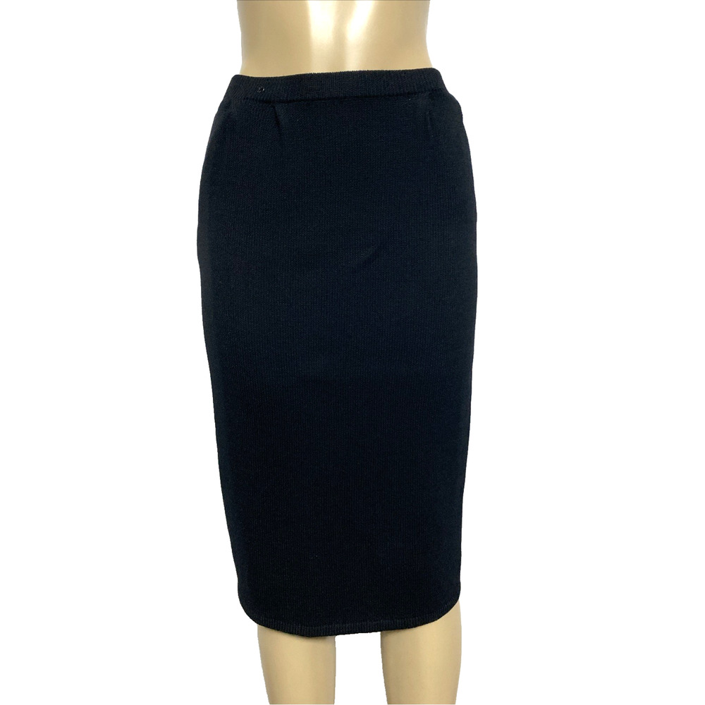 St John Santana Knit Skirt Pencil Straight Midi Back Slit Black Wool S Vintage